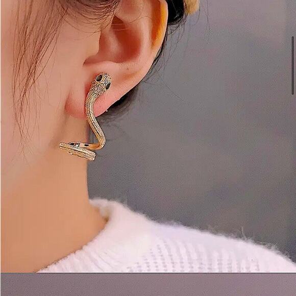 Gold Snake Zircon Earrings Creative Design Trendy Serpent - Picture 2 of 3